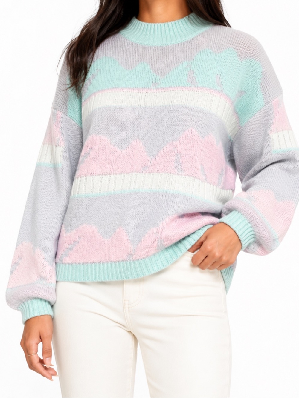 Vintage Ivonne Marie Pastel Knit Sweater Colorblock Long Sleeve Mock Neck MEDIUM